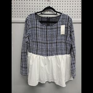 Shein Plaid Knit and Ruffle Long-Sleeved Top Women's Size 0XL (Blue/Black/White)